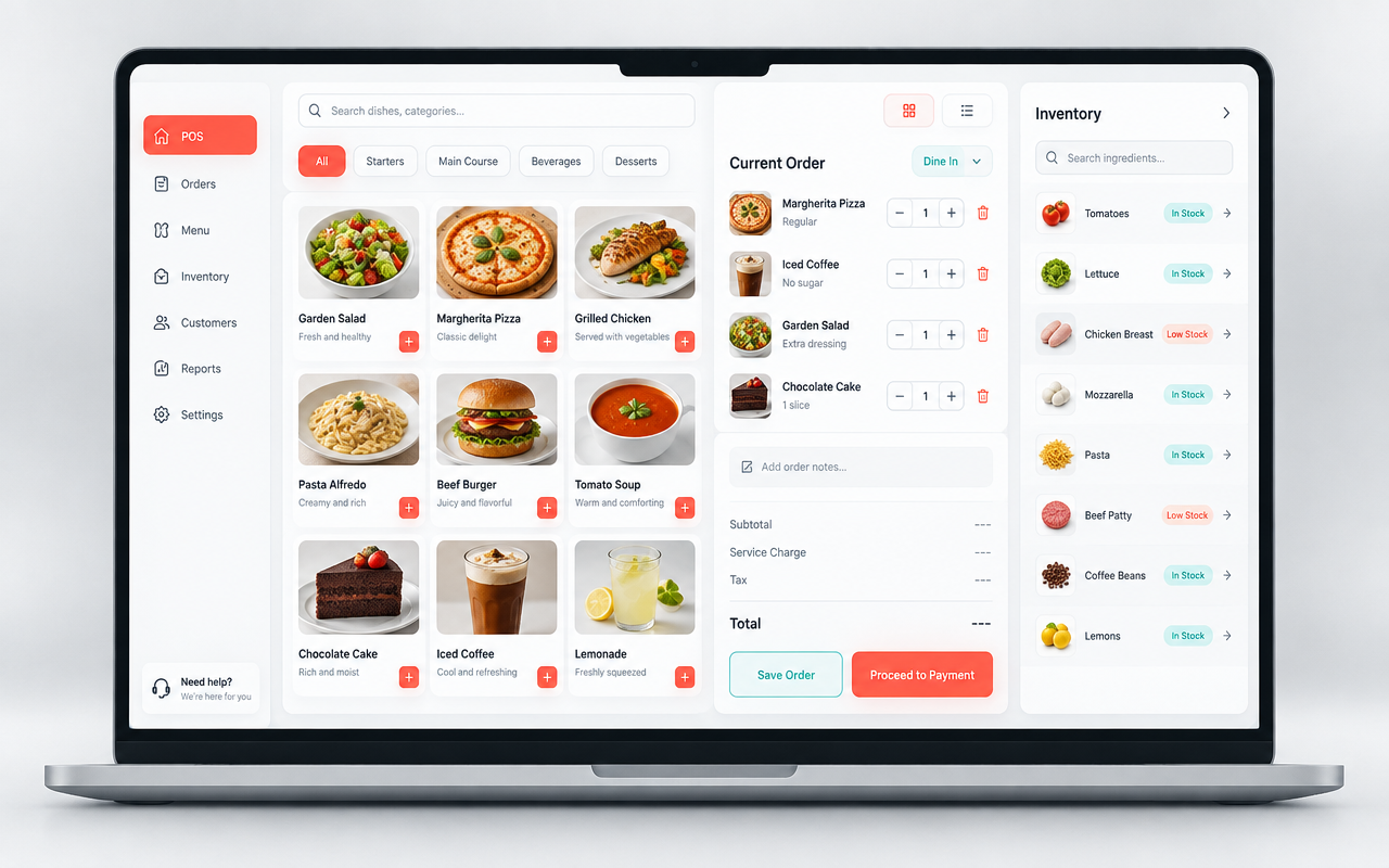 FoodOS restaurant dashboard showing billing, orders and inventory